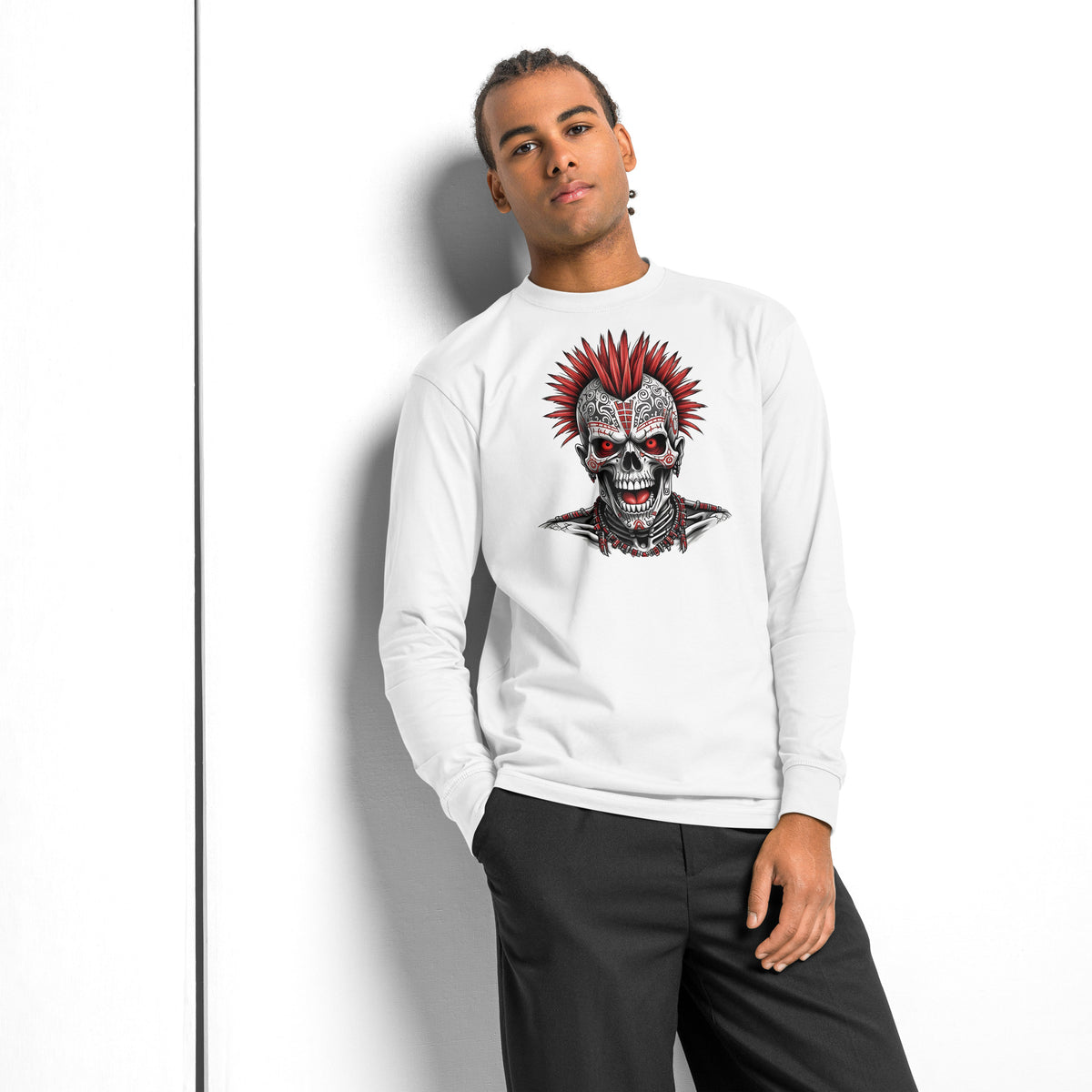 Punk Skeleton heavyweight long sleeve t-shirt — White — front