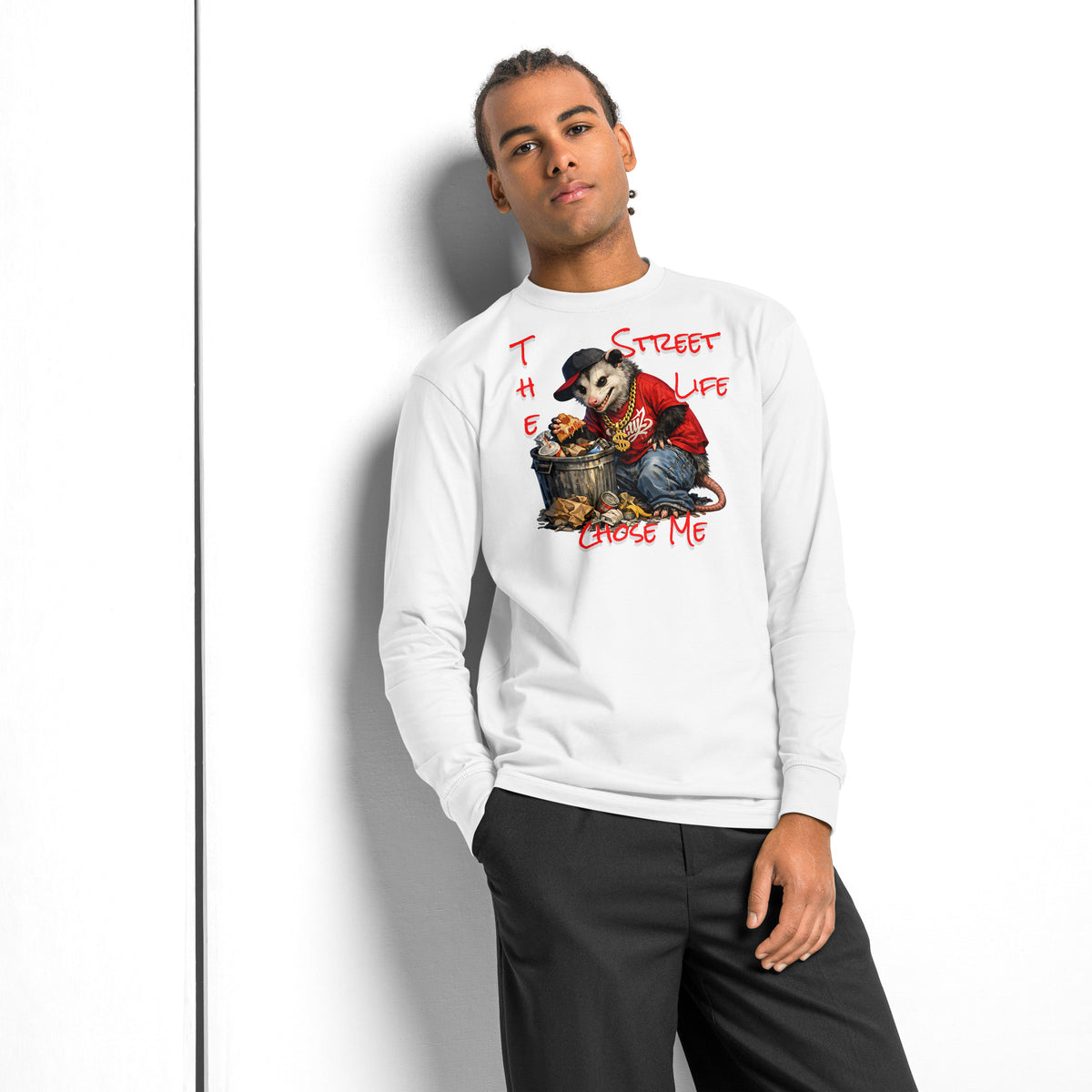 NY Possum Life heavyweight long sleeve t-shirt — White — Men's Lifestyle model, front