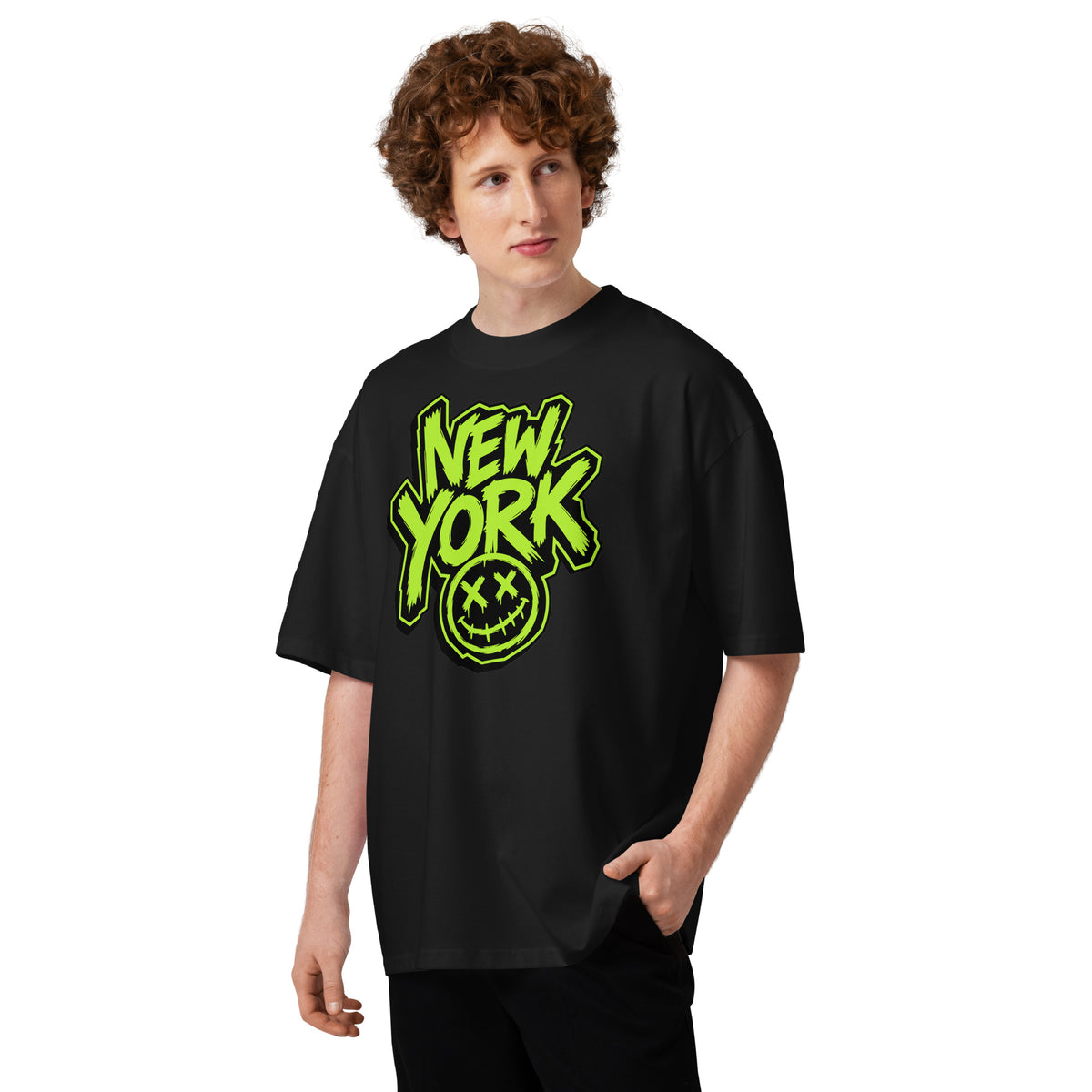NY Smiles Unisex organic oversized high neck t-shirt — Black — front