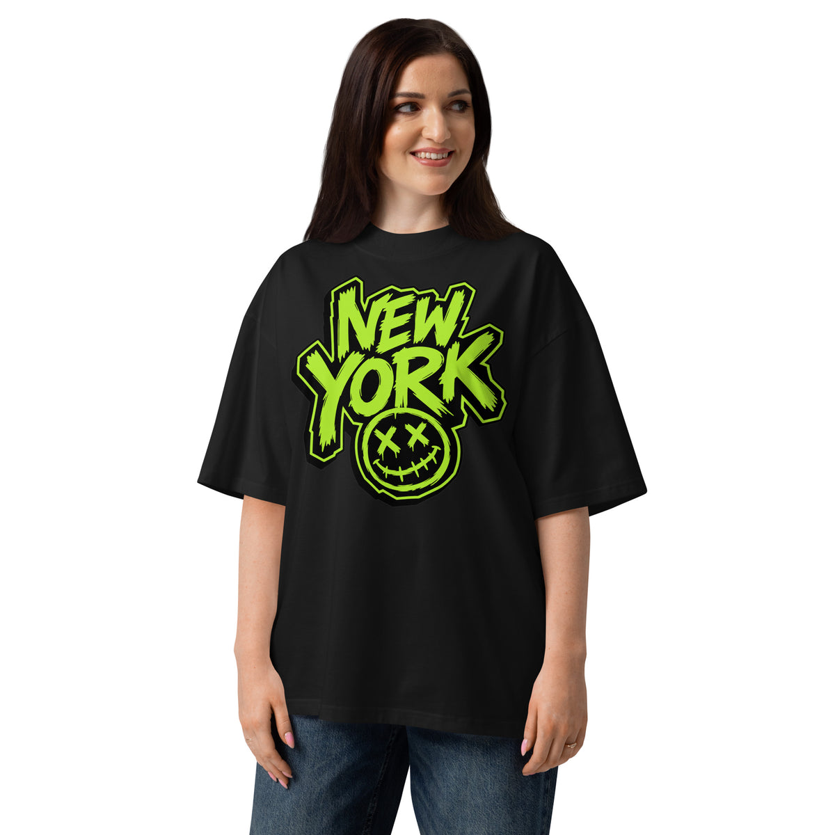 NY Smiles Unisex organic oversized high neck t-shirt — Black — Women's model, front