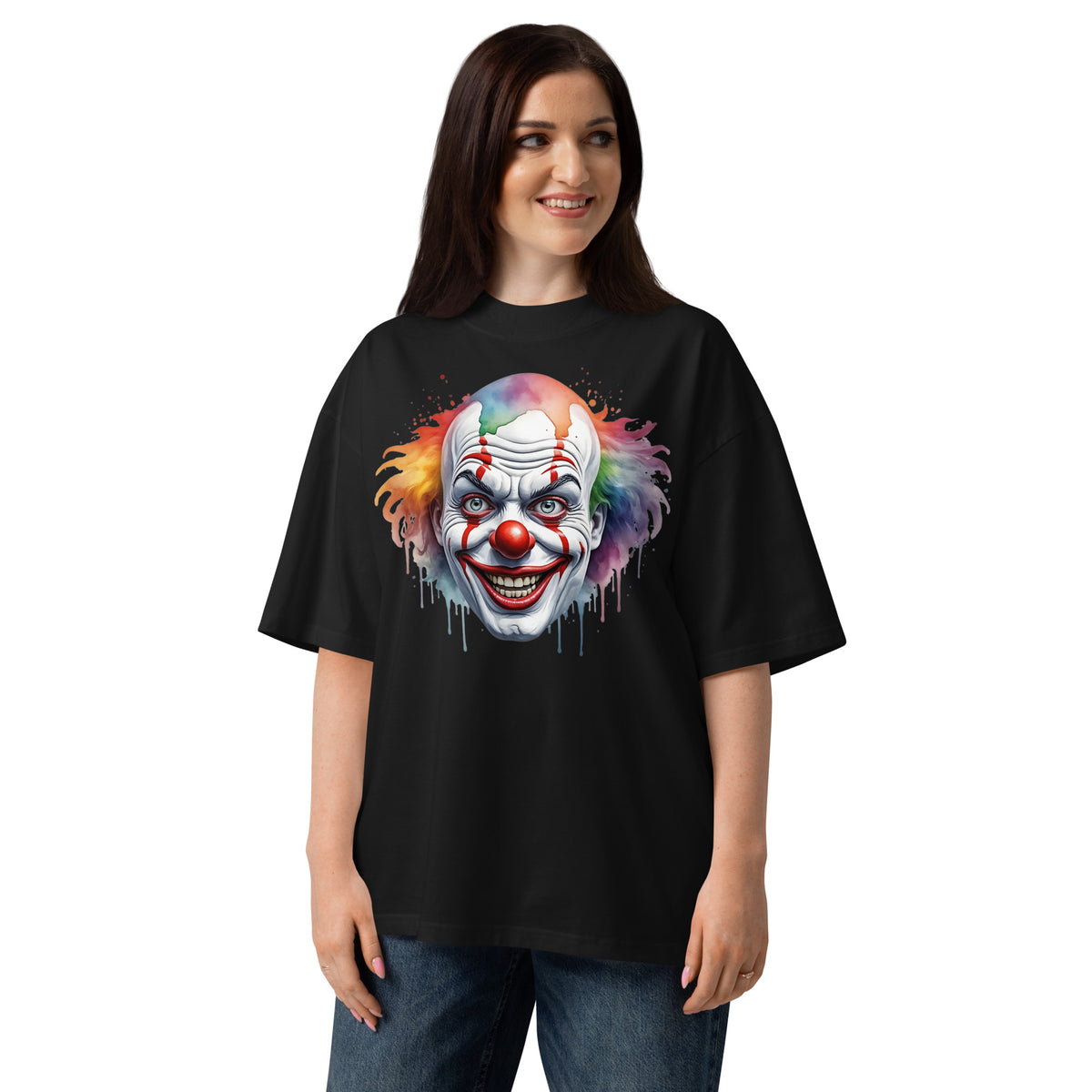Painted Clown Unisex organic oversized high neck t-shirt — Black — Women's model, front