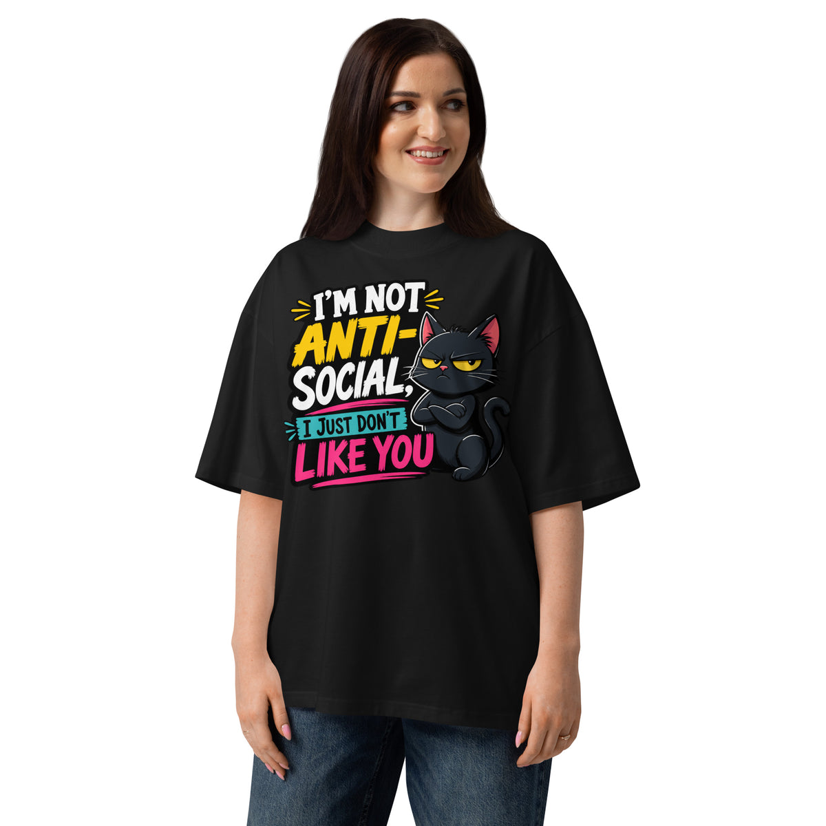 Anti Social Kitty Unisex organic oversized high neck t-shirt — Black — front