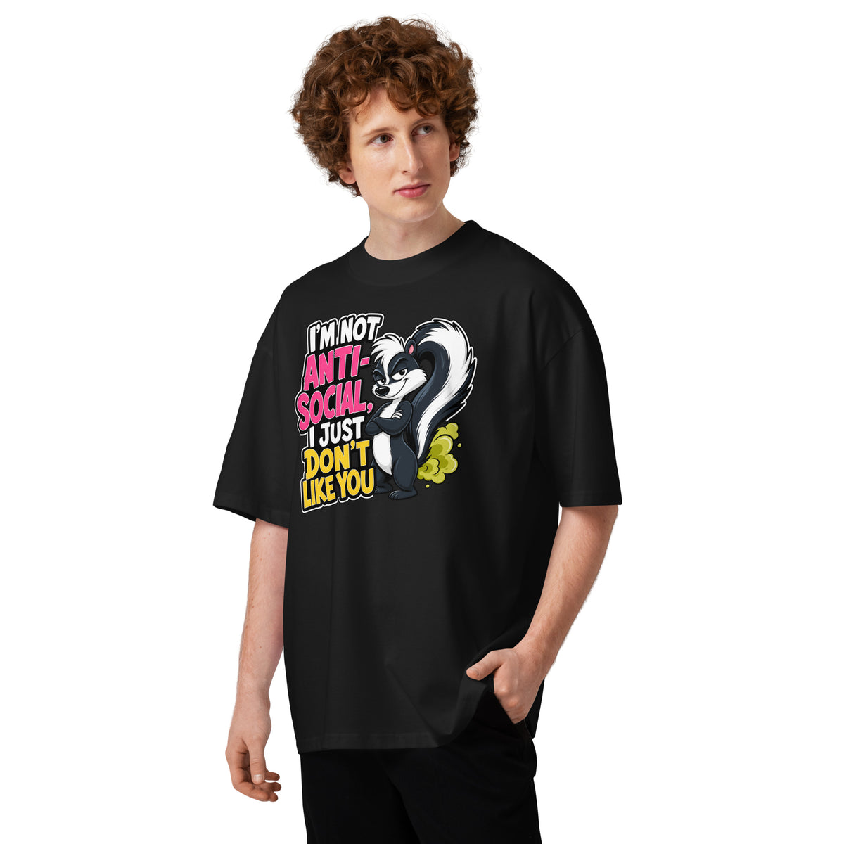 Anti Social Skunk Unisex organic oversized high neck t-shirt — Black — front