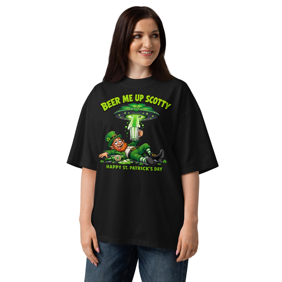Beer Me Up St Pats Day Unisex organic oversized high neck t-shirt — Black — front