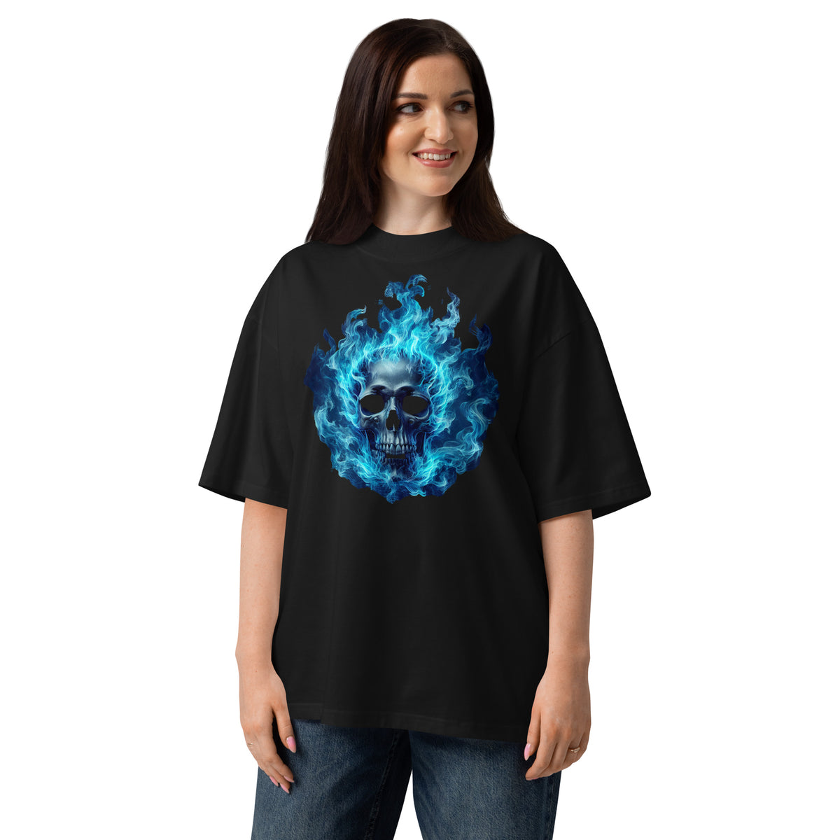 Blue flaming skull Unisex organic oversized high neck t-shirt — Black — front