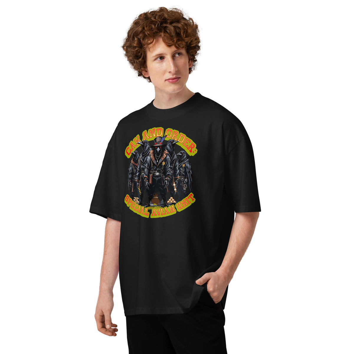 Caw and Order Special Avian Unit Unisex organic oversized high neck t-shirt — Black — front