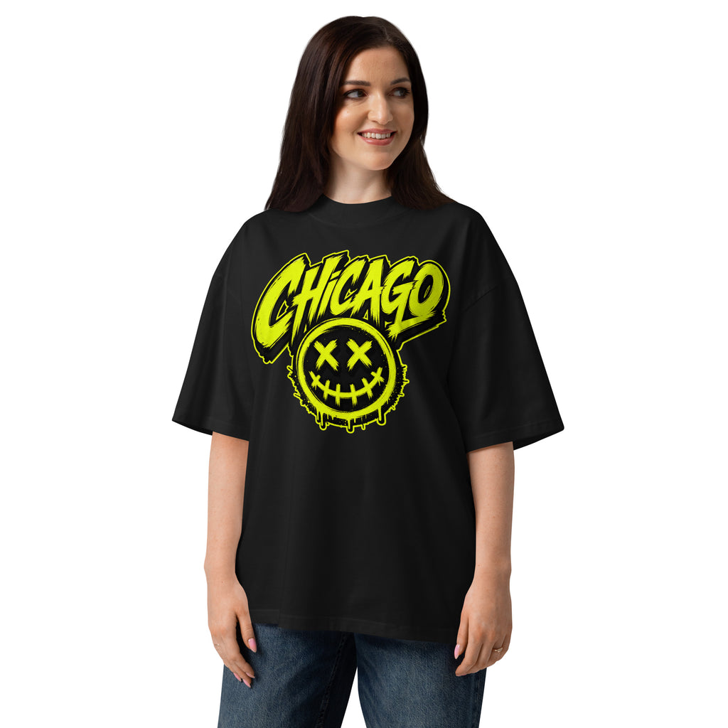 Chicago Smiles Unisex organic oversized high neck t-shirt — Black — front