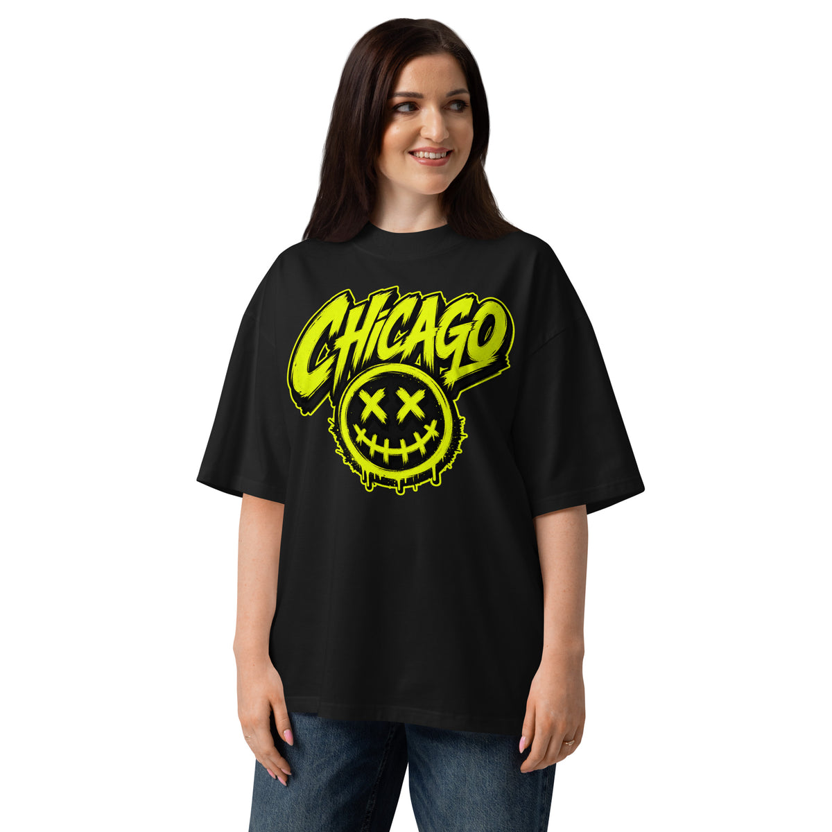 Chicago Smiles Unisex organic oversized high neck t-shirt — Black — front
