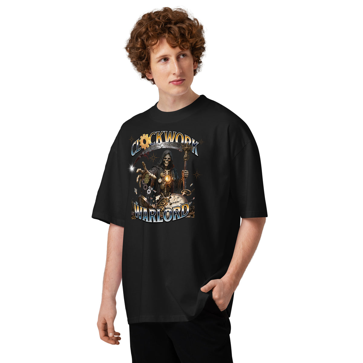 Clockwork Warlord Unisex organic oversized high neck t-shirt — Black — front