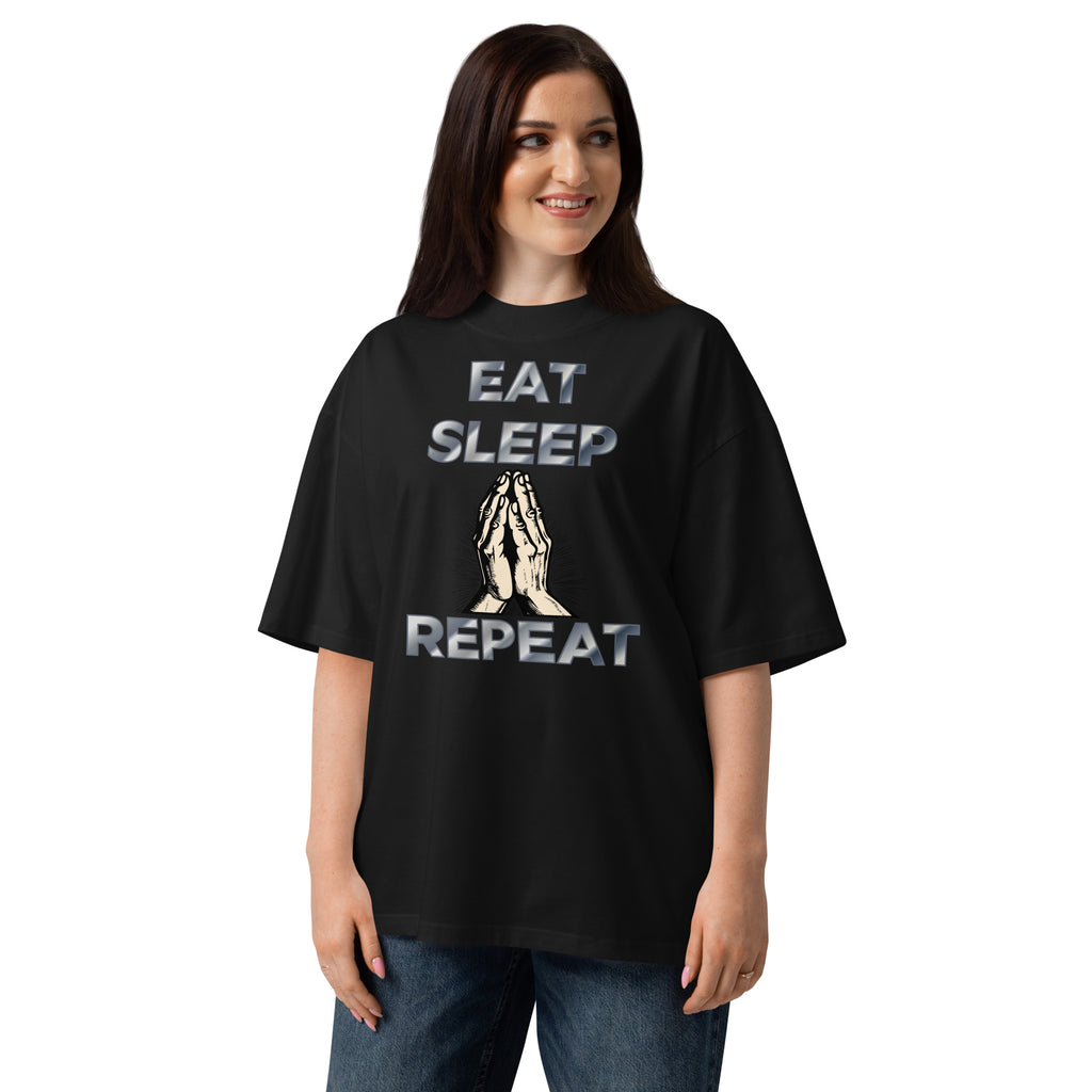 Eat sleep pray Unisex organic oversized high neck t-shirt — Black — front