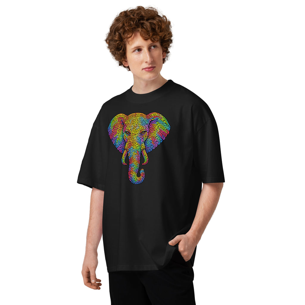 Elephant Face Maze Unisex organic oversized high neck t-shirt — Black — front