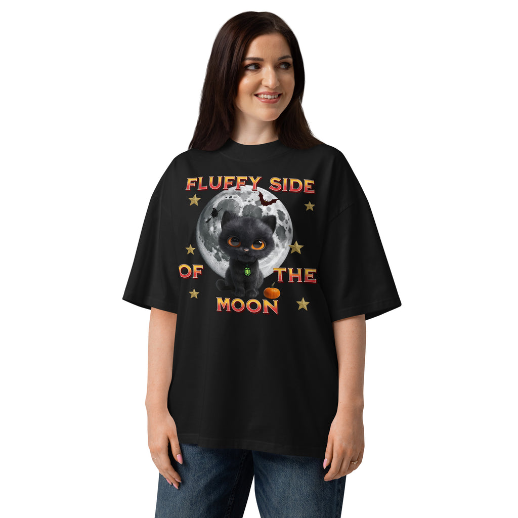 Fluffy Halloween Kitty Unisex organic oversized high neck t-shirt — Black — front