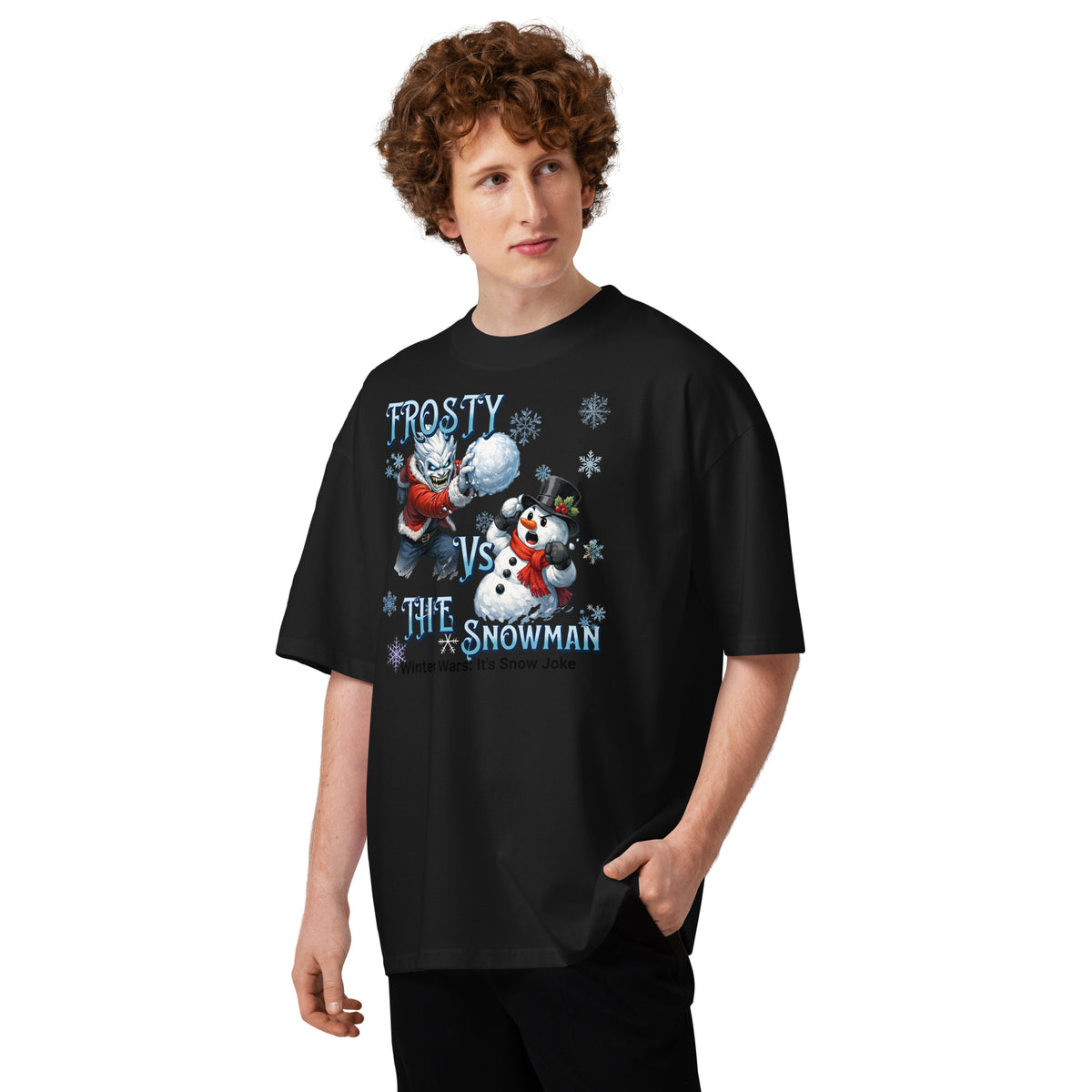 Frosty Vs The Snowman Unisex organic oversized high neck t-shirt — Black — front