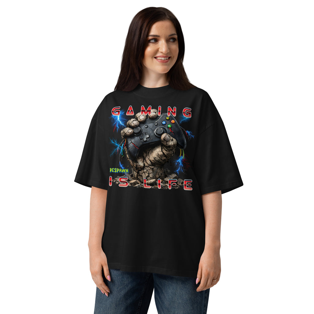 Gaming Is Life Unisex organic oversized high neck t-shirt — Black — front