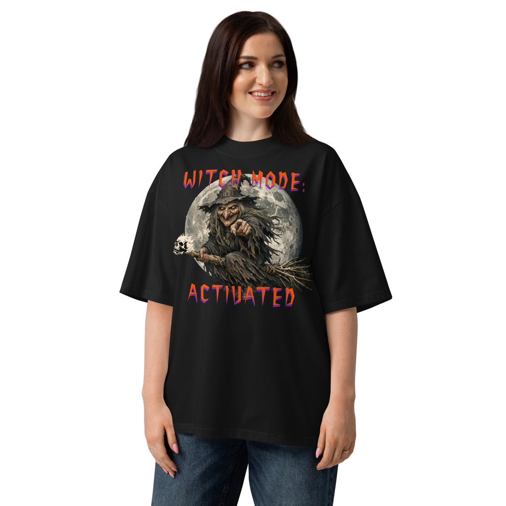 Halloween Witch Mode Unisex organic oversized high neck t-shirt — Black — front