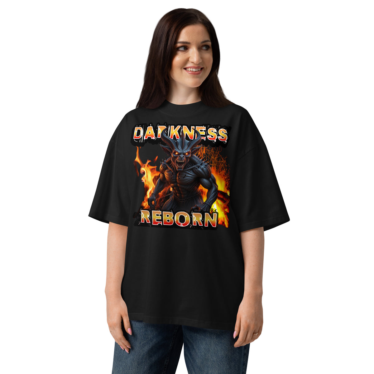 Hellfire Reborn Beast Unisex organic oversized high neck t-shirt — Black — front