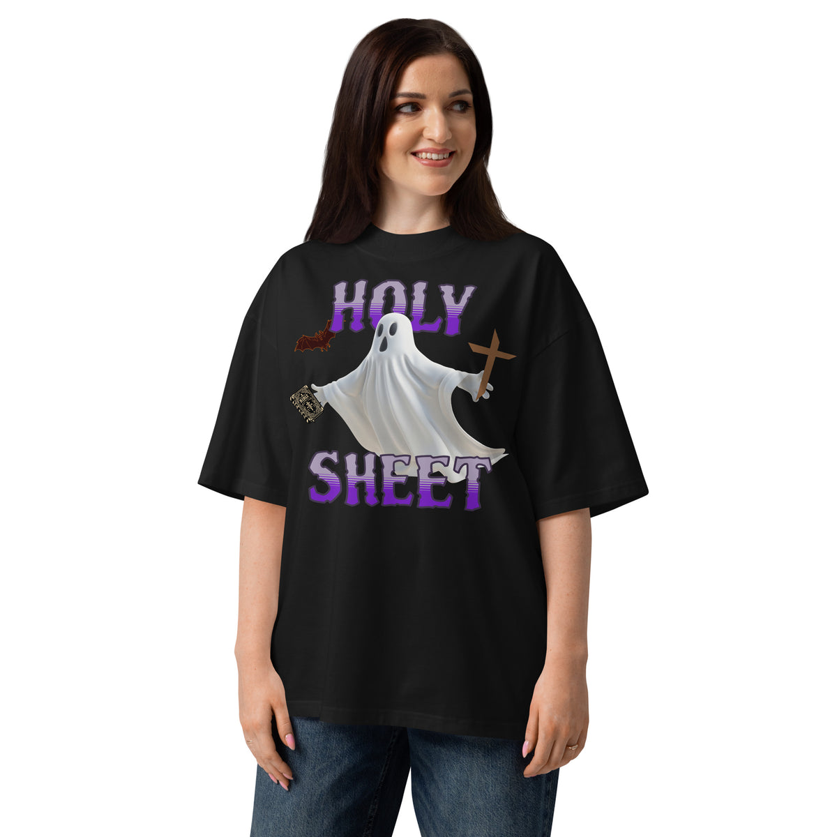 Holy Sheet Unisex organic oversized high neck t-shirt — Black — front