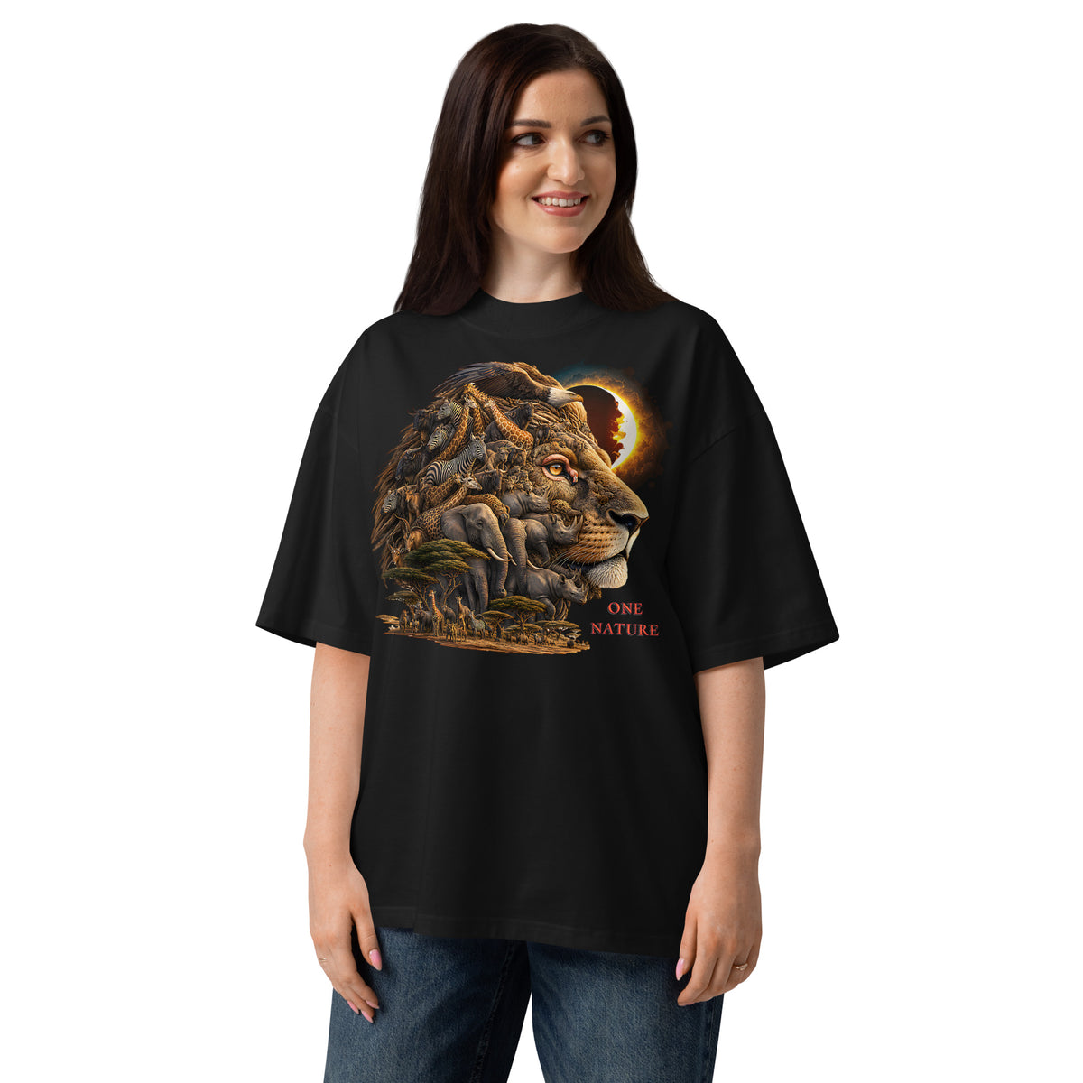 Illusions Lion Unisex organic oversized high neck t-shirt — Black — front