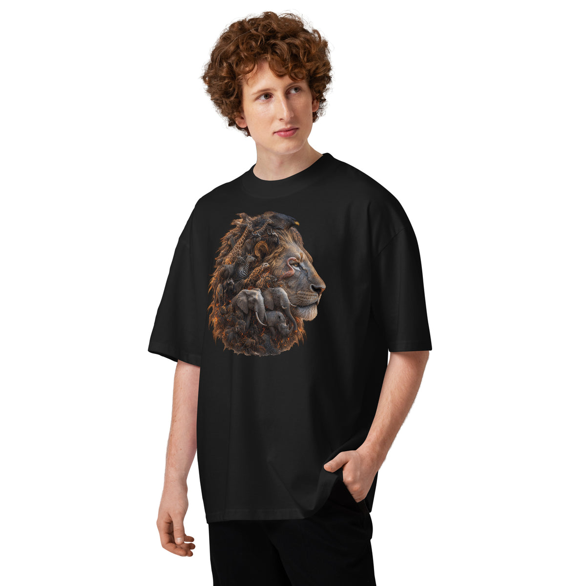 King of the Savanna Unisex organic oversized high neck t-shirt — Black — front