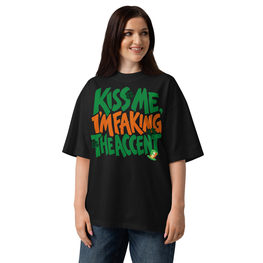 Kiss Me Faking Accent Unisex organic oversized high neck t-shirt — Black — front