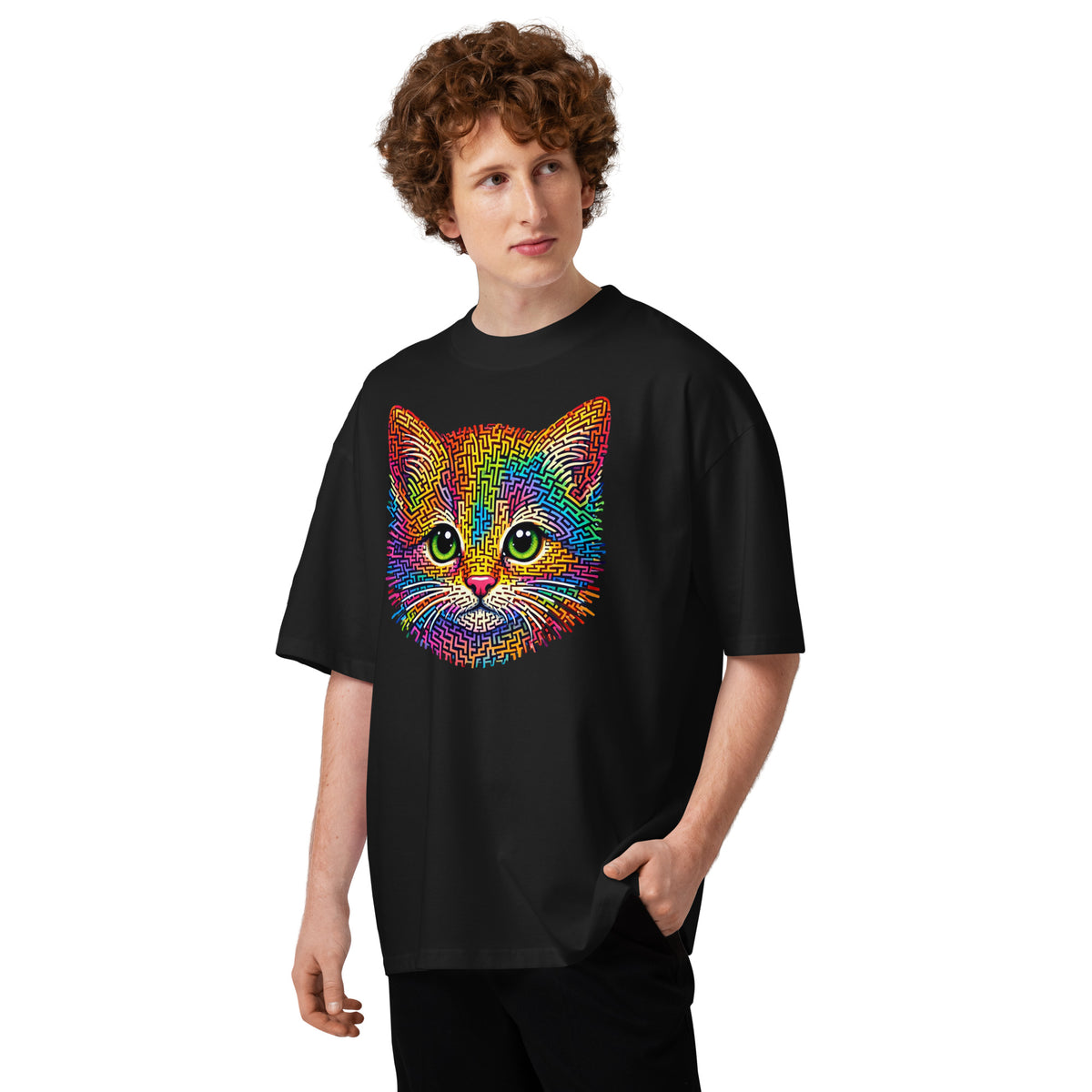 Kitten Face Maze Unisex organic oversized high neck t-shirt — Black — front