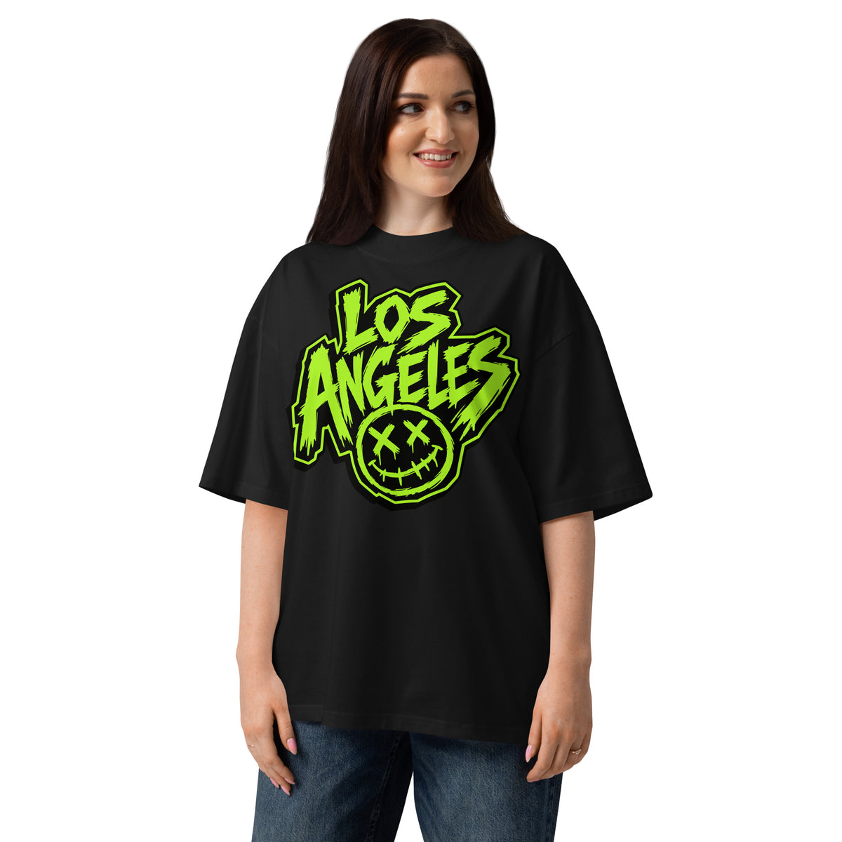 LA Smiles Unisex organic oversized high neck t-shirt — Black — front