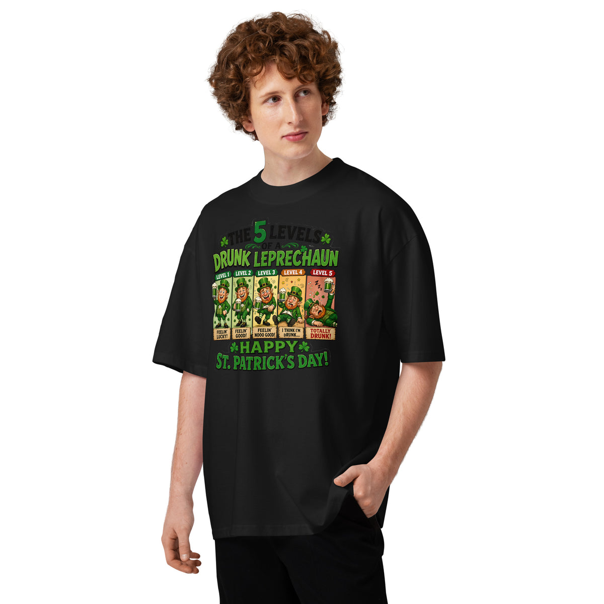 Five Levels of Leprechaun Unisex organic oversized high neck t-shirt — Black — front