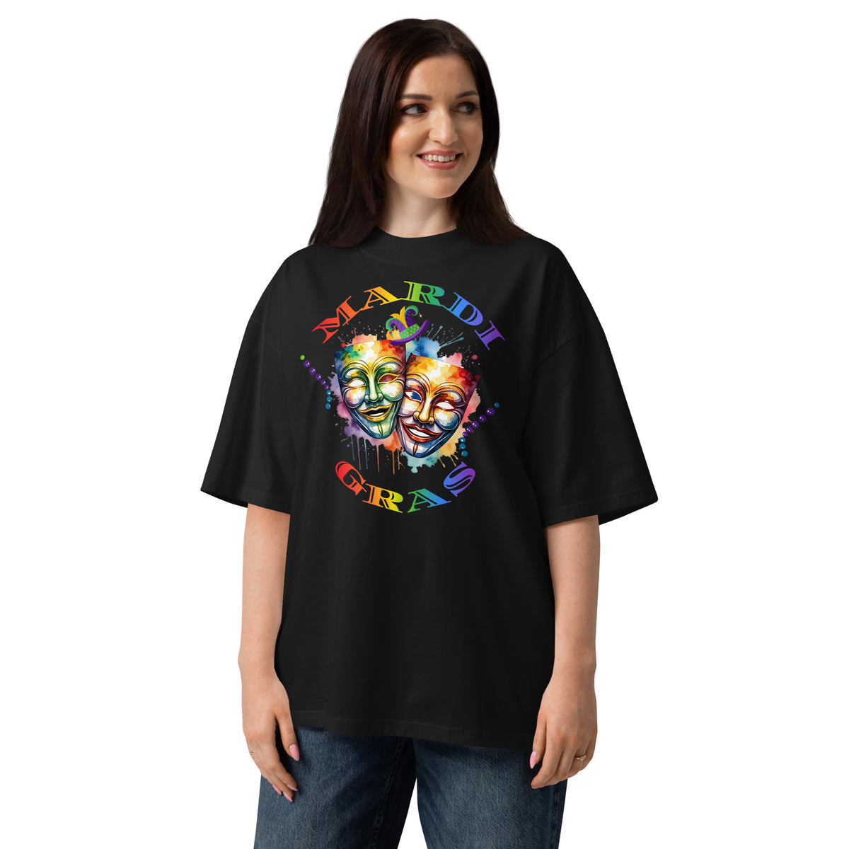 Mardi Gras Masks Unisex organic oversized high neck t-shirt — Black — front