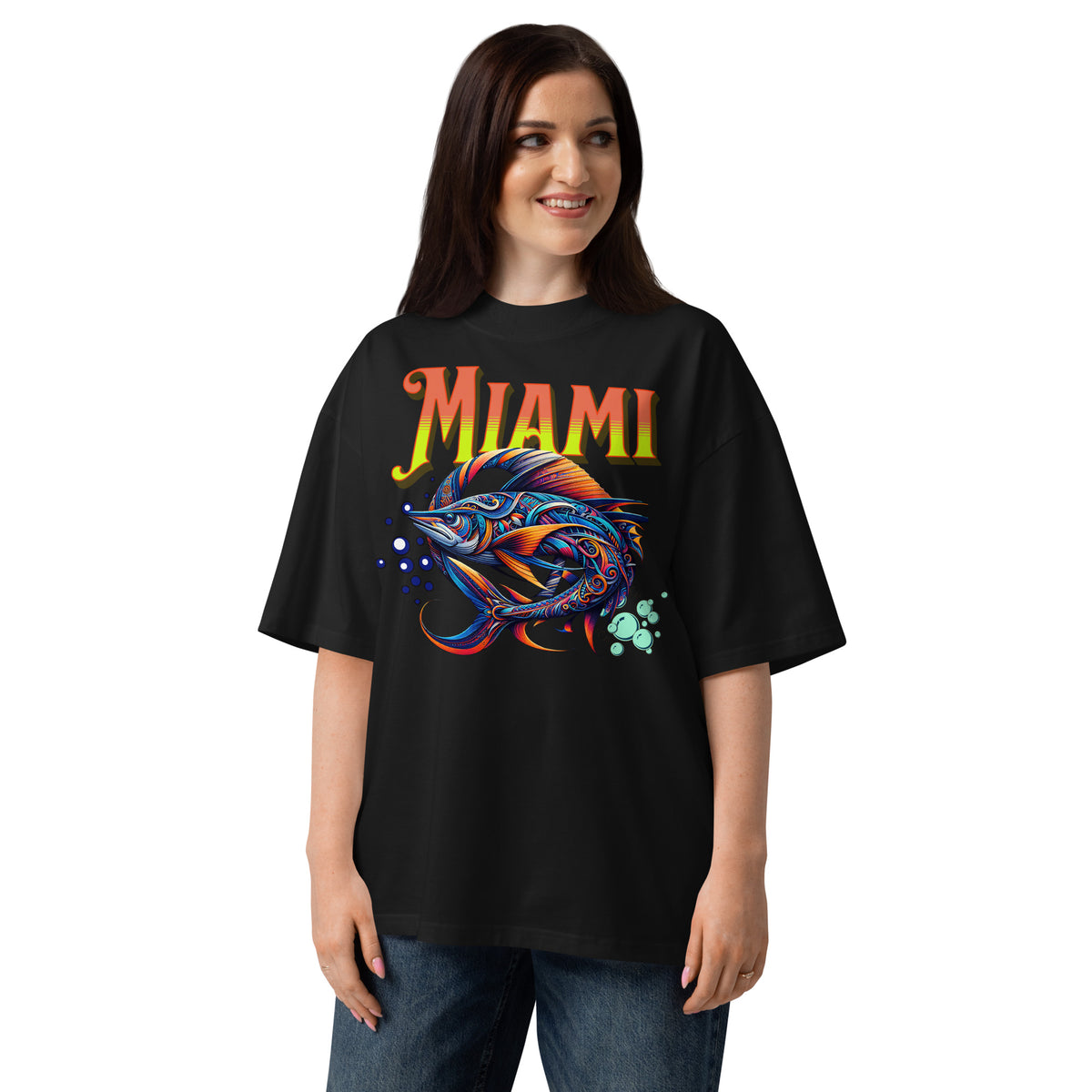 Miami Swordfish Unisex organic oversized high neck t-shirt — Black — front
