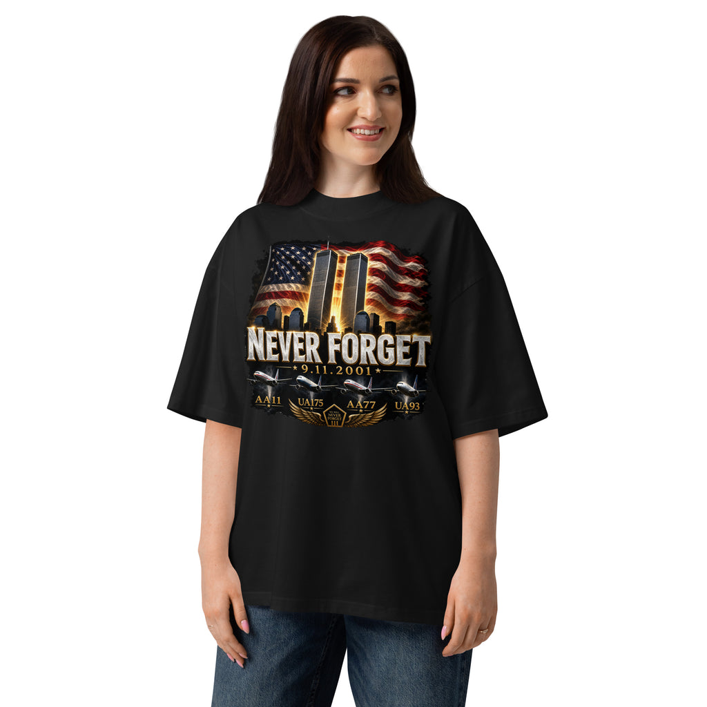 Never Forget 9/11 — Twin Towers Unisex organic oversized high neck t-shirt — Black — front