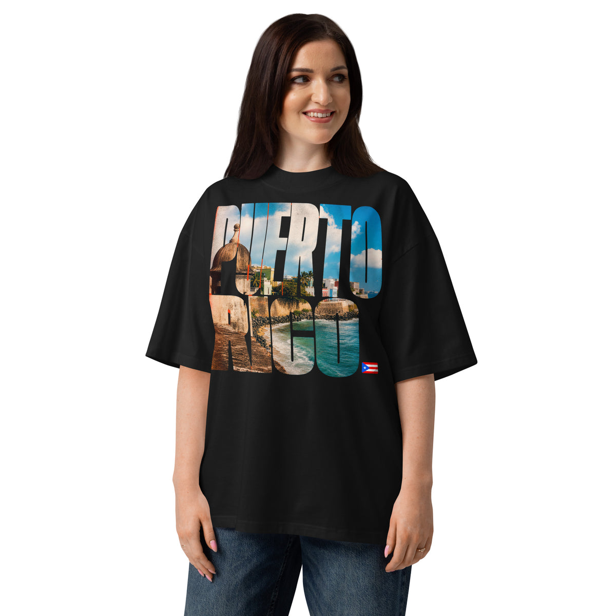 Puerto Rico Unisex organic oversized high neck t-shirt — Black — front