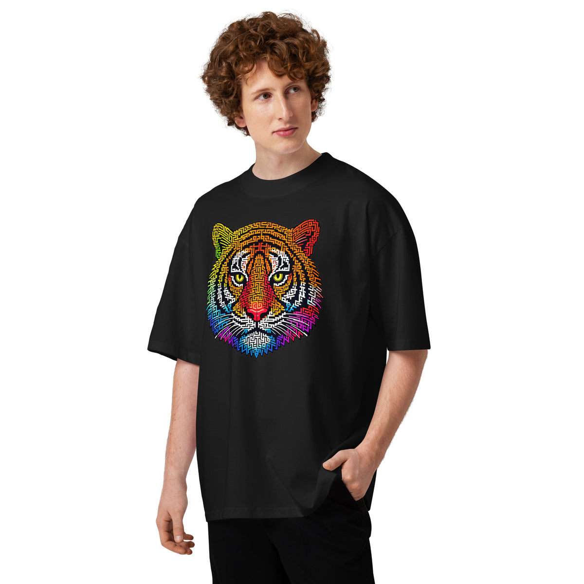Rainbow Tiger Face Maze Unisex organic oversized high neck t-shirt — Black — front