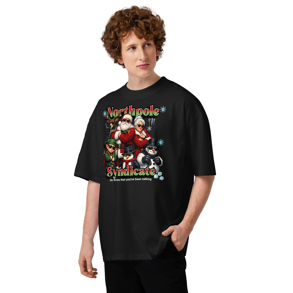 Santa’s Xmas Crew Unisex organic oversized high neck t-shirt — Black — front