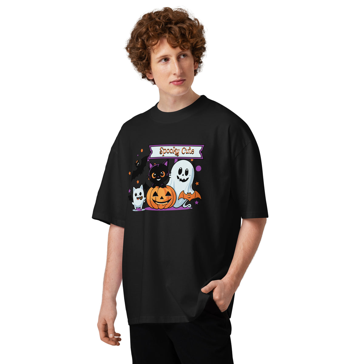 Spooky Cute Halloween Unisex organic oversized high neck t-shirt — Black — front
