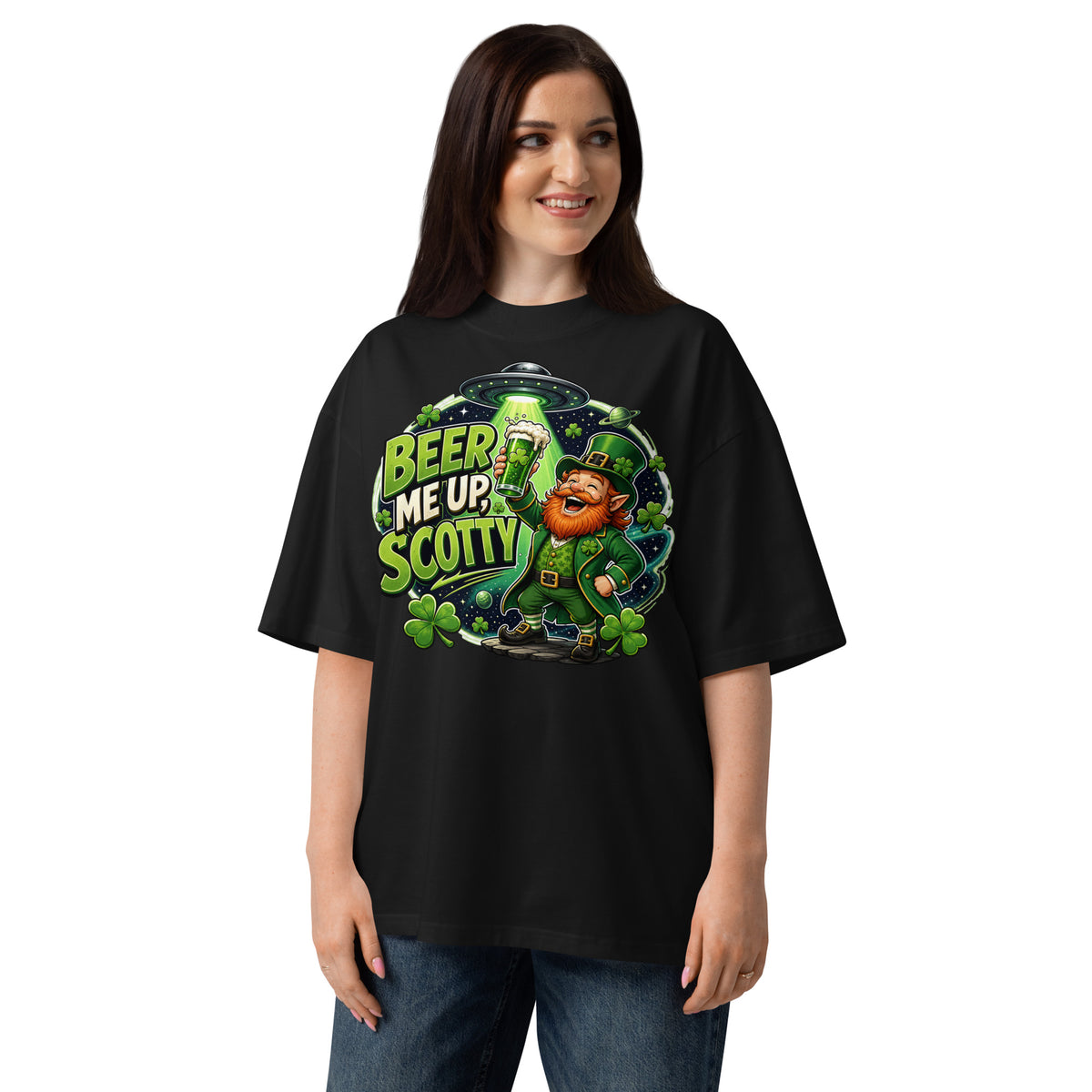St. Patrick’s Day Cheers Unisex organic oversized high neck t-shirt — Black — front