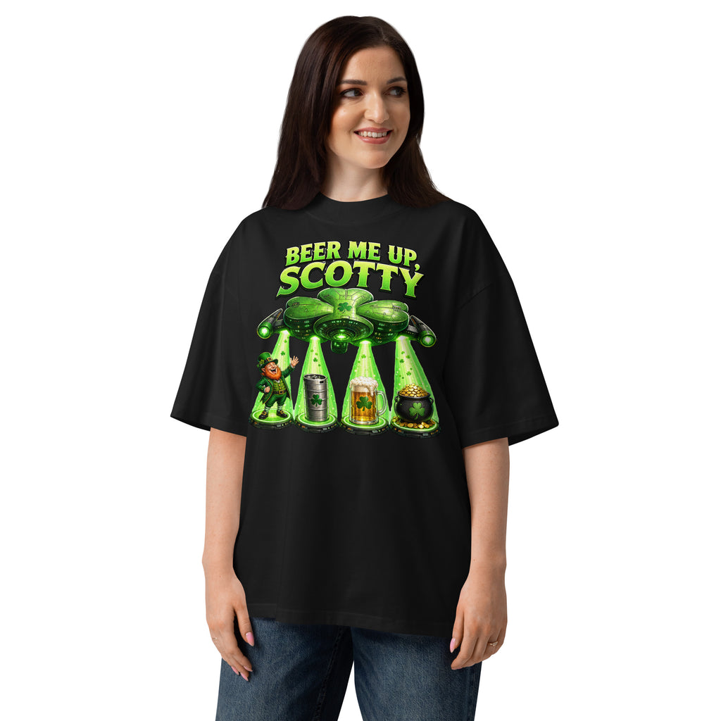 St. Patrick’s Day Spaceship Unisex organic oversized high neck t-shirt — Black — front