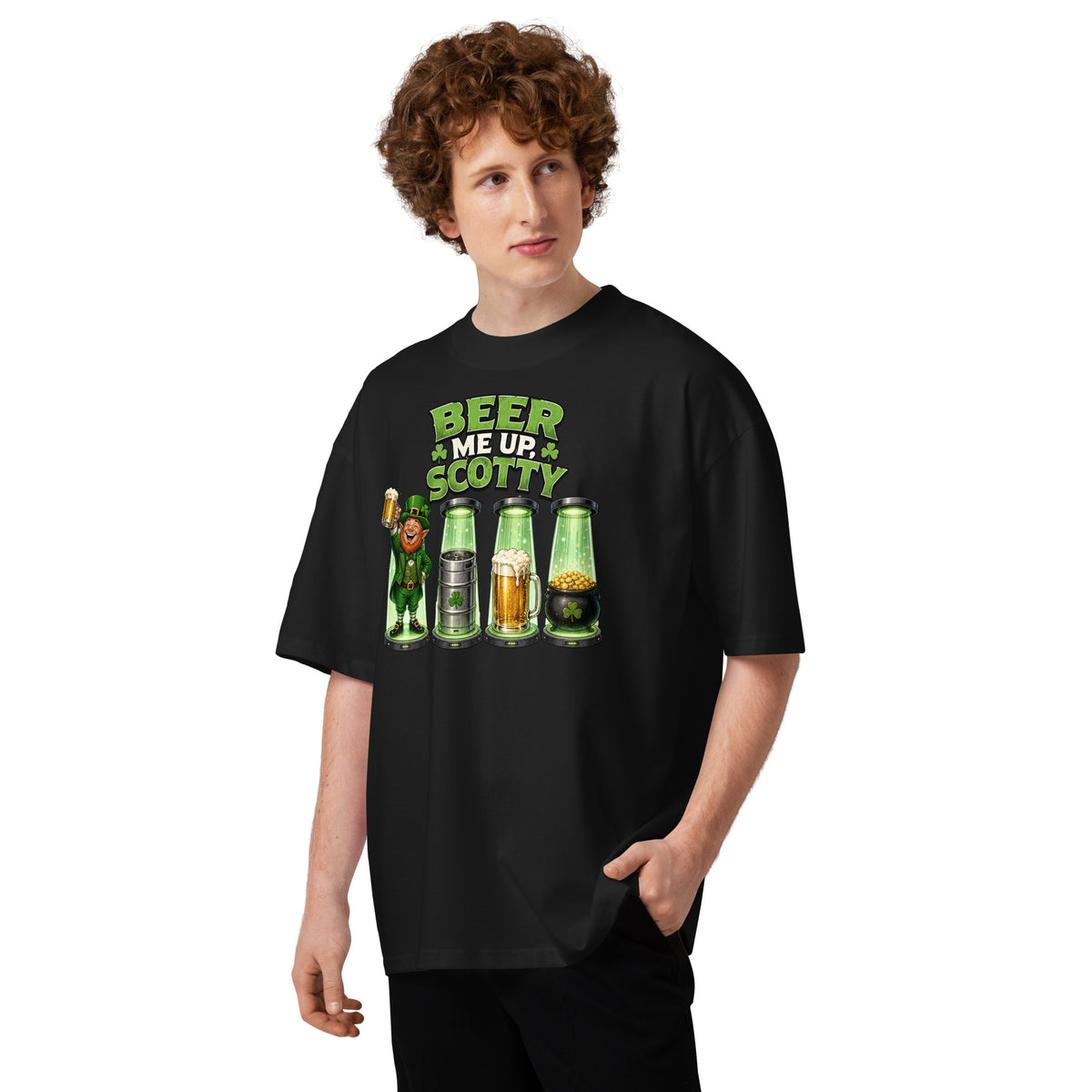 St. Patrick’s Day Transporter Unisex organic oversized high neck t-shirt — Black — front