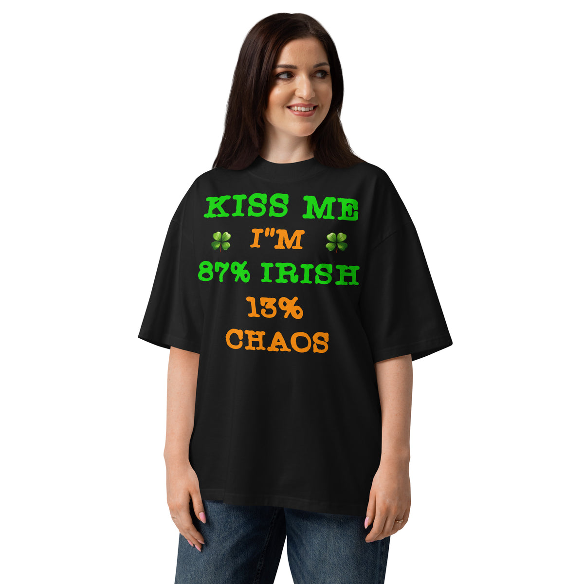 Kiss Me — Irish Chaos Unisex organic oversized high neck t-shirt — Black — front