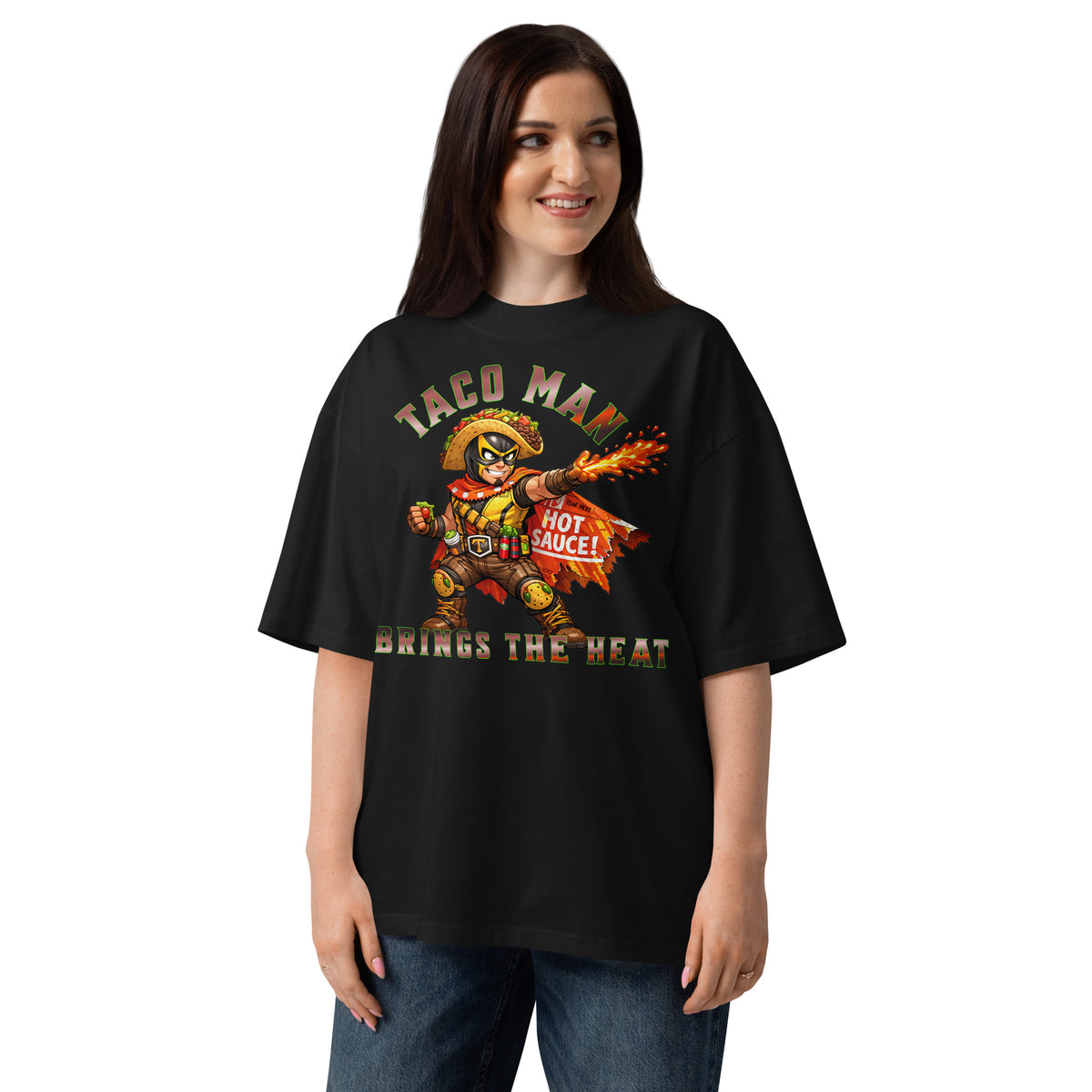 Taco Man Unisex organic oversized high neck t-shirt — Black — front