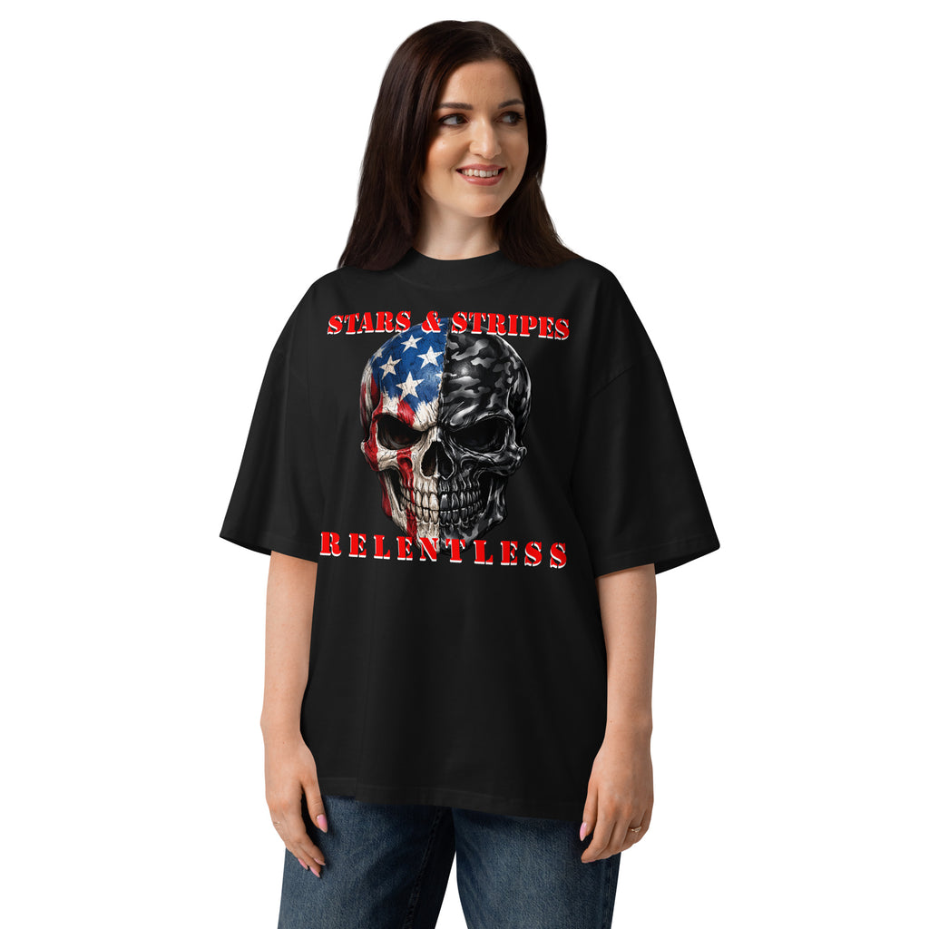 USA Patriotic Camo Skull Unisex organic oversized high neck t-shirt — Black — front