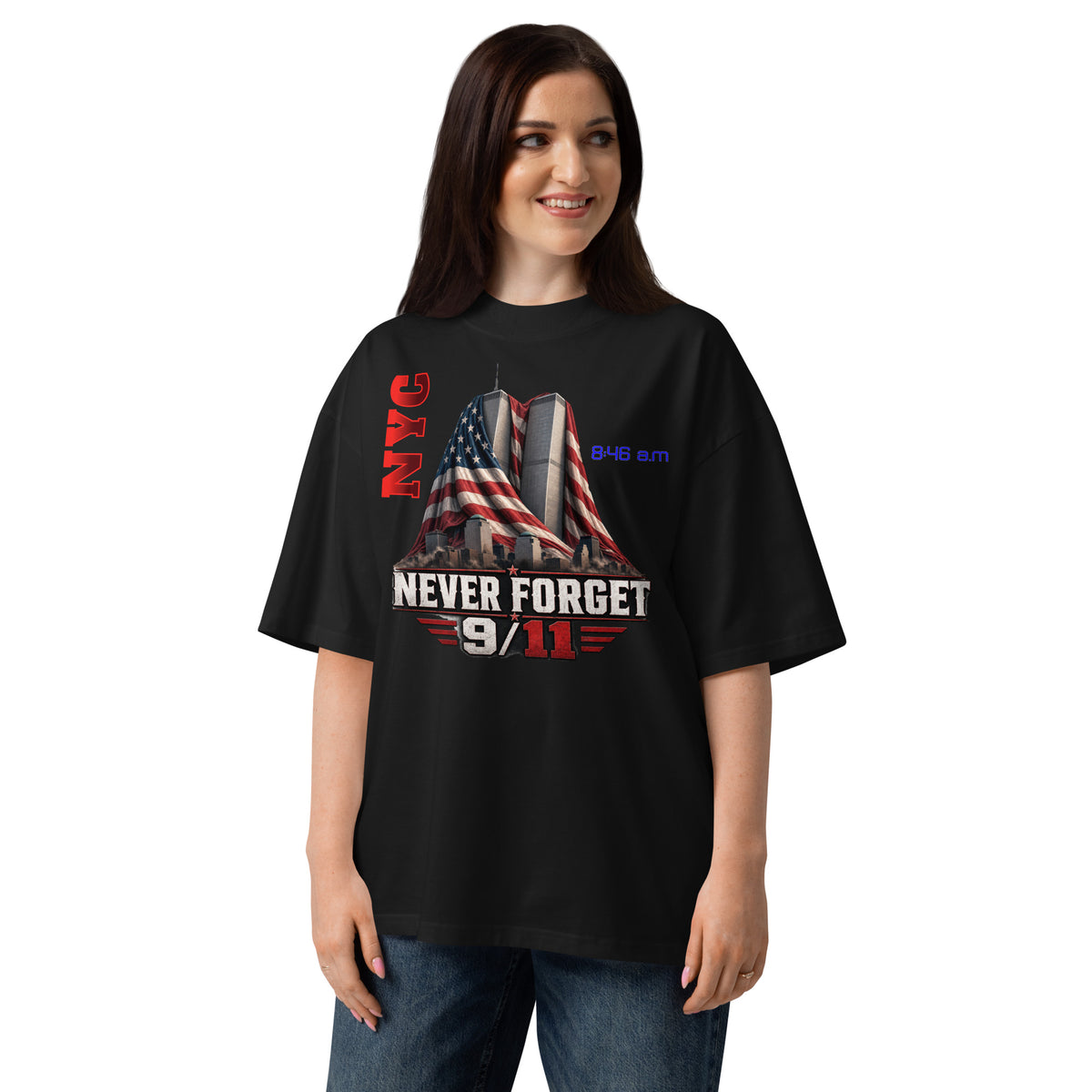 WTC 9/11 Unisex organic oversized high neck t-shirt — Black — front