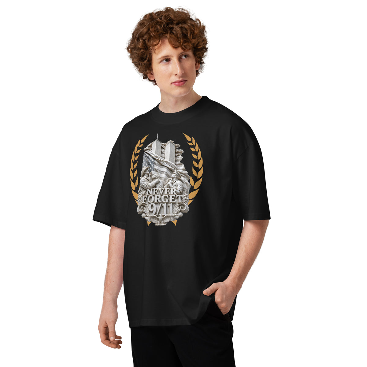 WTC NYC — Never Forget Unisex organic oversized high neck t-shirt — Black — front