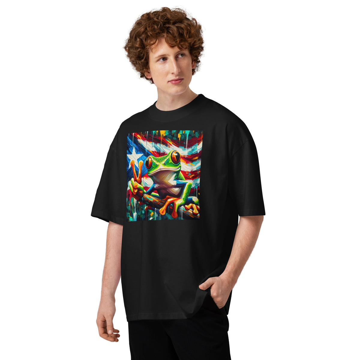 Coqui Frog Unisex organic oversized high neck t-shirt — Black — front