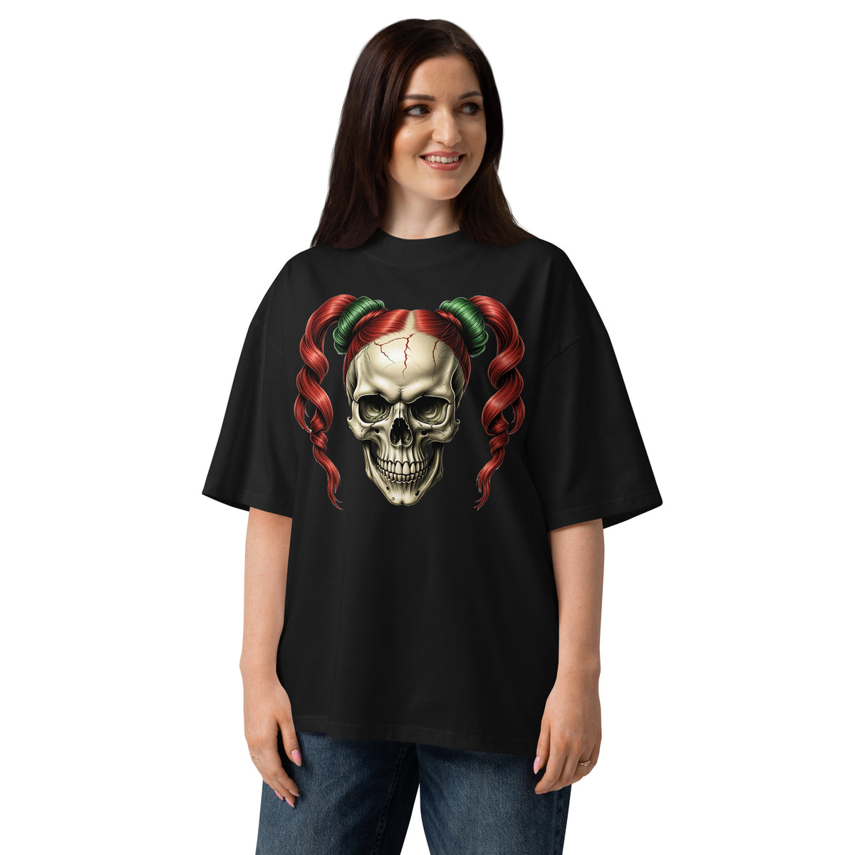 Ponytails Skull Unisex organic oversized high neck t-shirt — Black — front