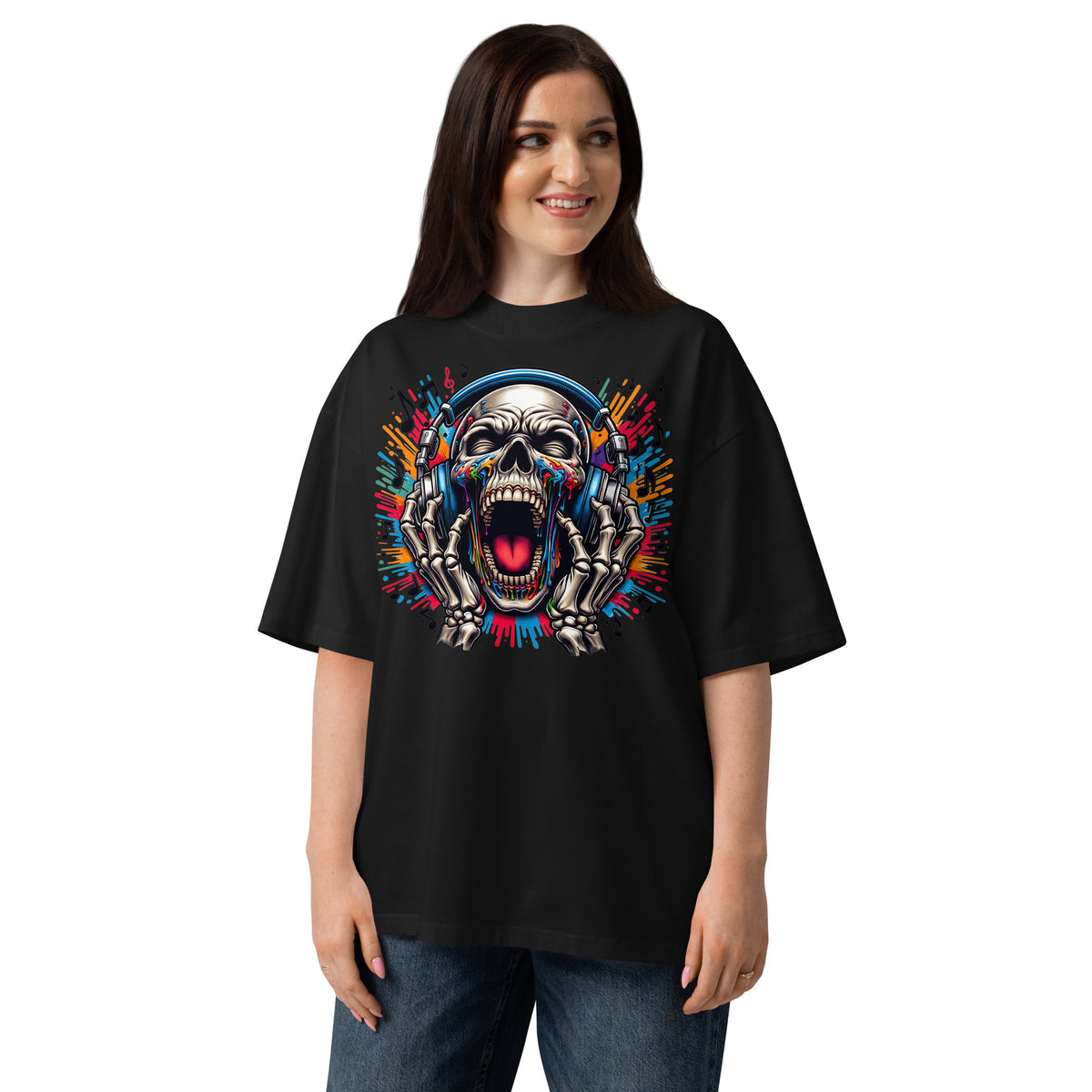 Screaming Skeleton Unisex organic oversized high neck t-shirt — Black — front