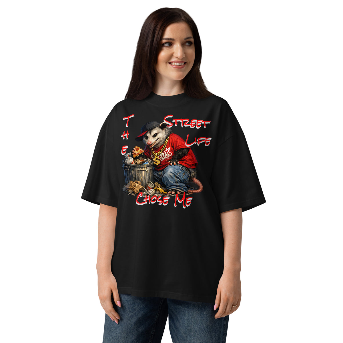 NY Possum Life Unisex organic oversized high neck t-shirt — Black — Women's model, front