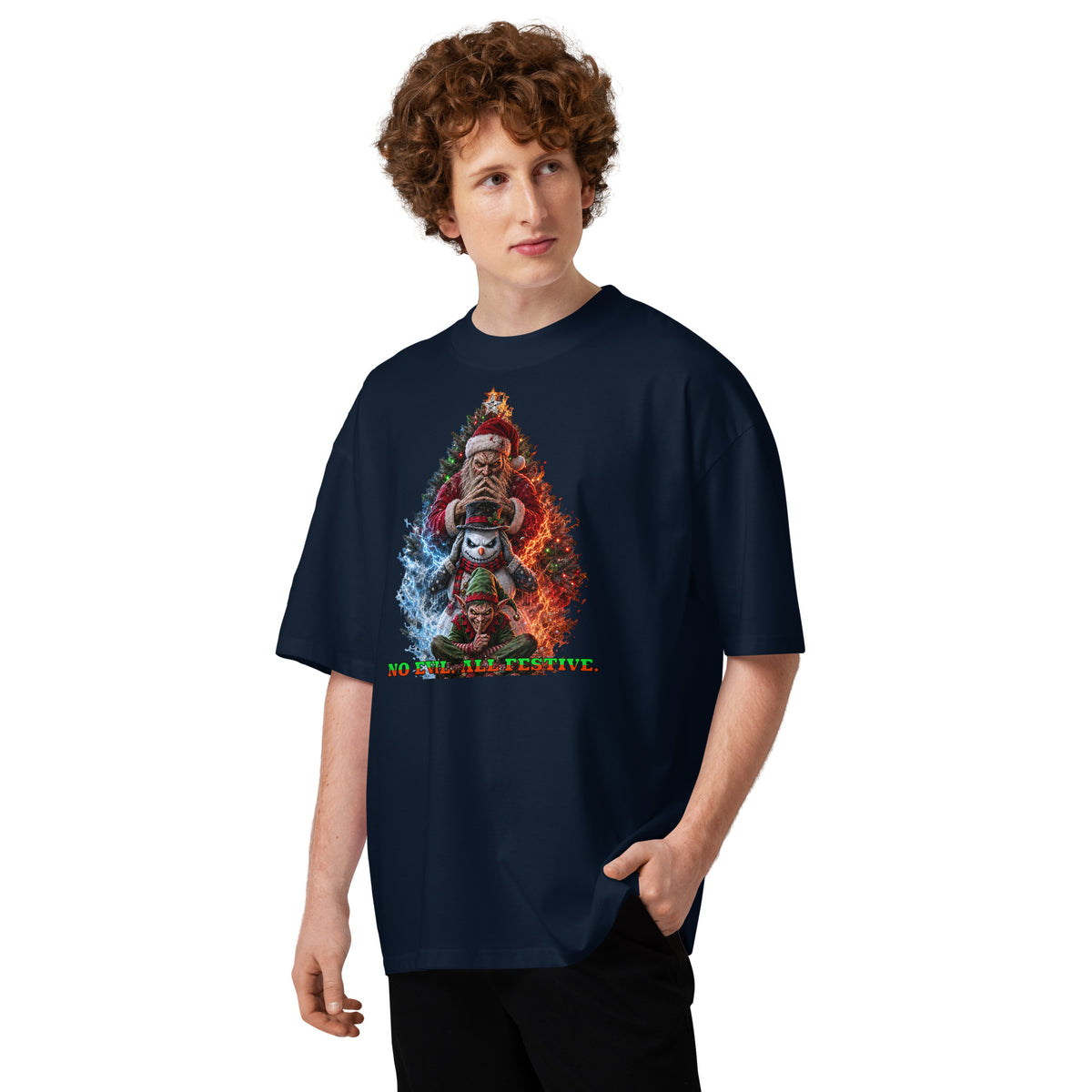 No Evil Xmas Unisex organic oversized high neck t-shirt — French Navy — front