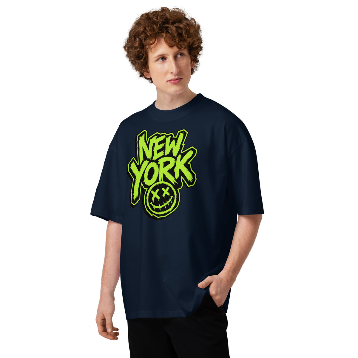 NY Smiles Unisex organic oversized high neck t-shirt — French Navy — front