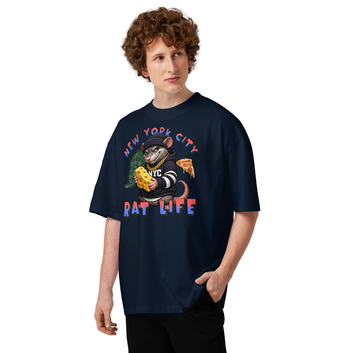 NYC Rat Life Unisex organic oversized high neck t-shirt — French Navy — front