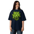 NY Smiles Unisex organic oversized high neck t-shirt — French Navy — Women's model, front